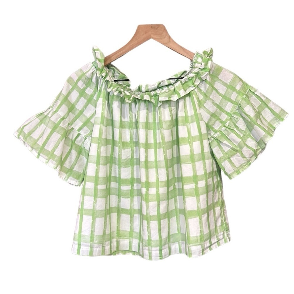Brooke Wright Green White Off Shoulder Ruffle Top Size XS/SM - Picture 3 of 10